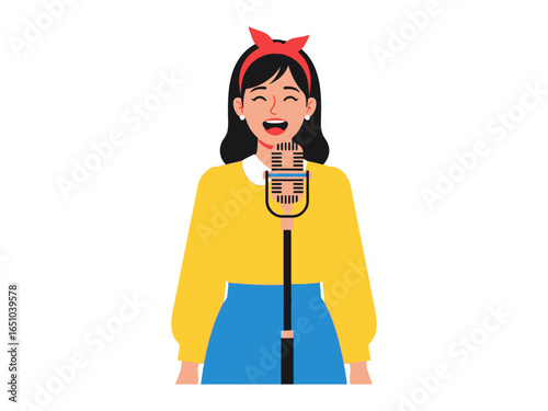 Voice Recording Brilliance: A young woman, radiant and expressive, passionately pours her heart into the microphone, as her voice fills the room with energy.