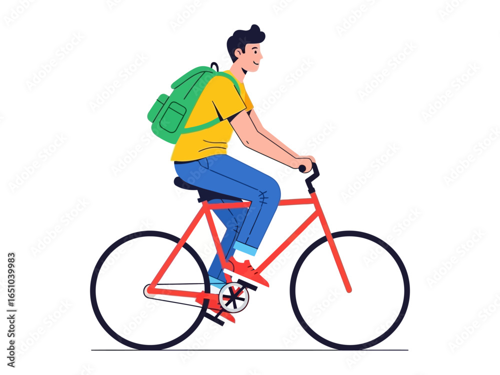 Fototapeta premium Cycling Commuter: A vibrant illustration of a young man, casually dressed and sporting a backpack, as he cycles a sleek road bike