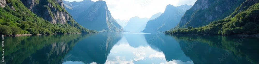 Fototapeta premium Still water mirroring dramatic cliffs, serene fjord , reflection, clouds