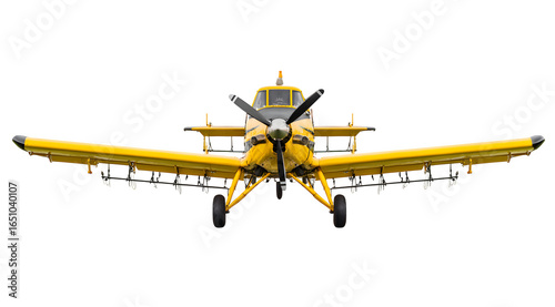 Powerful yellow crop duster airplane front view ready for agricultural spraying mission over fields