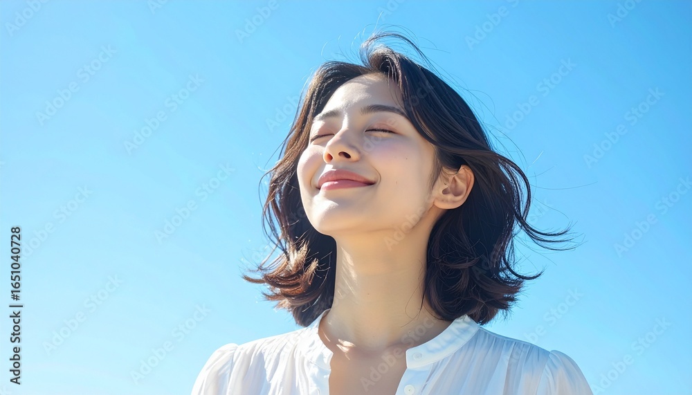 快晴の中で髪を風になびかせた若い日本人女性,A young Japanese woman with her hair blowing in the wind under a clear blue sky. 快晴の中で髪を風になびかせた若い日本人女性,A young Japanese woman with her hair blowing in the wind under a clear blue sky.