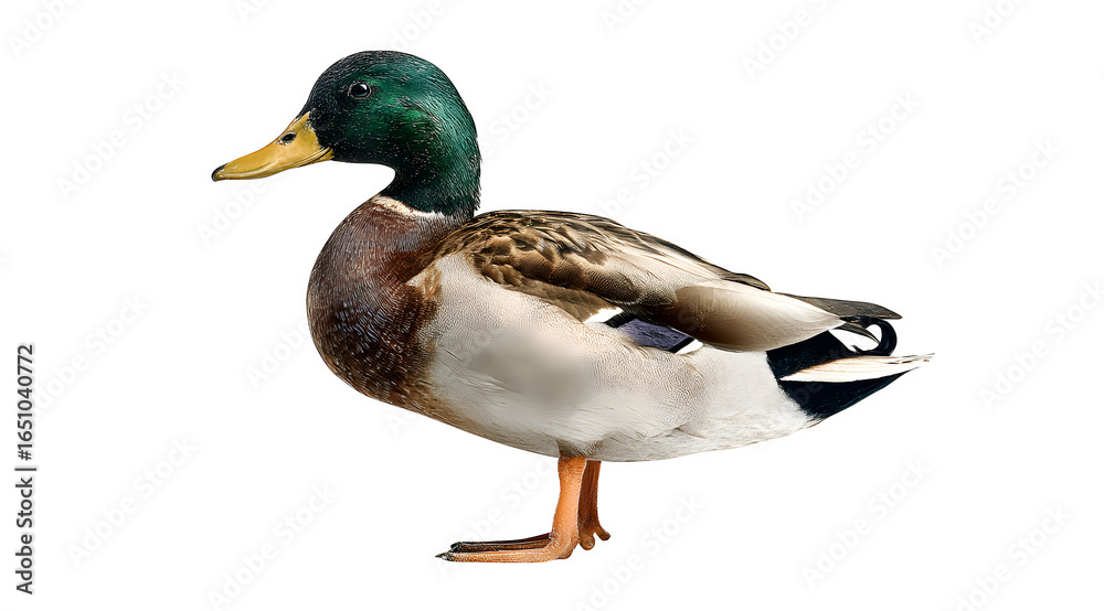 Obraz premium Majestic mallard duck with vibrant green head stands proudly, showcasing detailed plumage and natural beauty