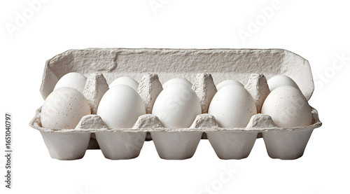 Fresh dozen white eggs nestled securely in a textured cardboard carton ready for your culinary creations and recipes.