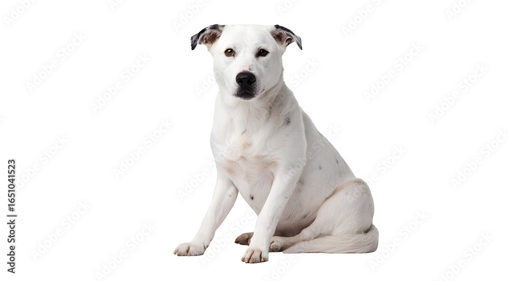 Obraz premium Gentle white dog with dark spots sits patiently, looking directly at the camera with soulful eyes, perfect for pet care themes.