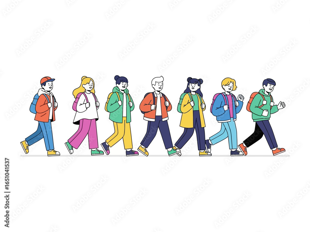 Fototapeta premium School Journey: A vibrant illustration captures a procession of students with backpacks, stepping purposefully with a shared purpose and destination. Capturing their steps.