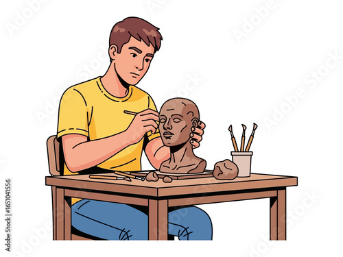 Artisan's Studio: A skilled craftsman meticulously sculpts a clay bust, immersed in the creative process, highlighting the focus, precision, and artistic skill involved.