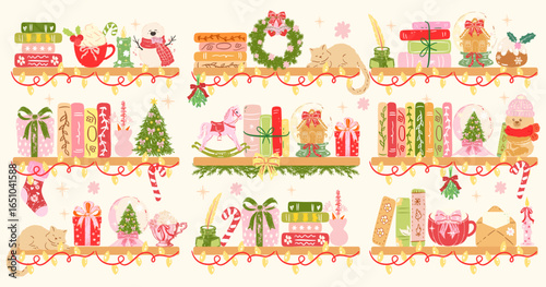 Hand drawn Christmas bookshelf, Whimsical Pink Christmas , Cute Christmas book, Mrs Santa Claus, Santa, Reindeer,Coquette Bow , Coquette Pink Bow ,Vintage Christmas,Christmas Tree, Girly Xmas 