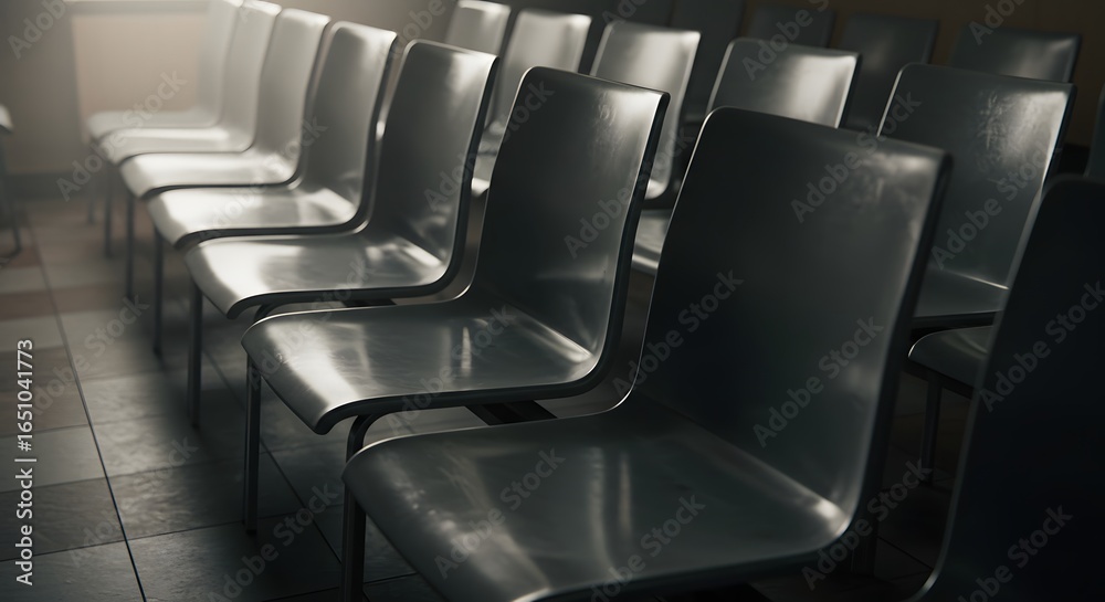 Fototapeta premium Perspective of empty chairs in line, concept of waiting and patience