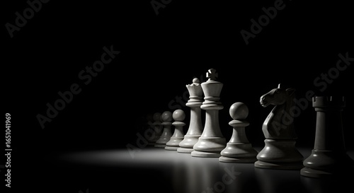 Perspective of chess pieces in a row, strategy and leadership concept
