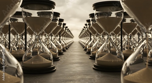 Perspective of hourglasses aligned in perspective, time passing concept