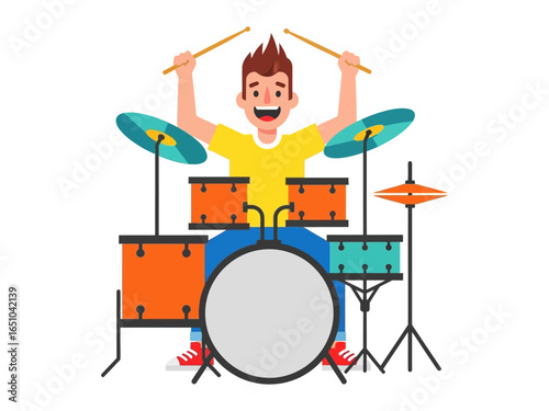 Energetic Drummer in Action: A spirited drummer, caught mid-beat with his sticks raised high, radiates an infectious joy while immersed in a colorful music set-up.