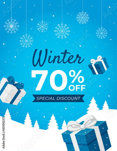  Winter sale vector banner with snowflakes, gift boxes, snowy landscape, and 70% discount text. Perfect for seasonal promotions, online stores, advertisements, and holiday marketing campaigns.
