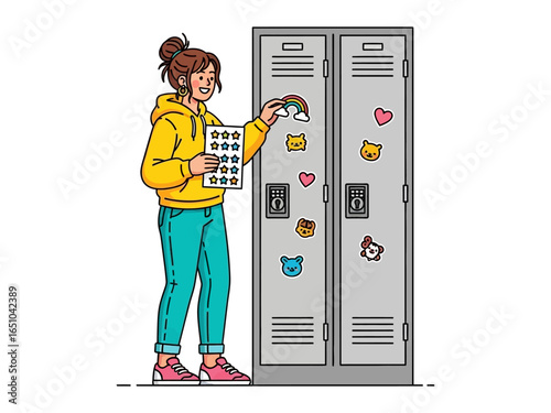 School Locker with Sticker: A young, smiling individual decorates a school locker with an array of cheerful stickers, showcasing personality and personal style. A fun.