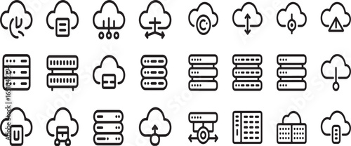 24 Outline Cloud & Server Icon Set – Editable for Hosting, Storage & Security – SVG, PNG, EPS