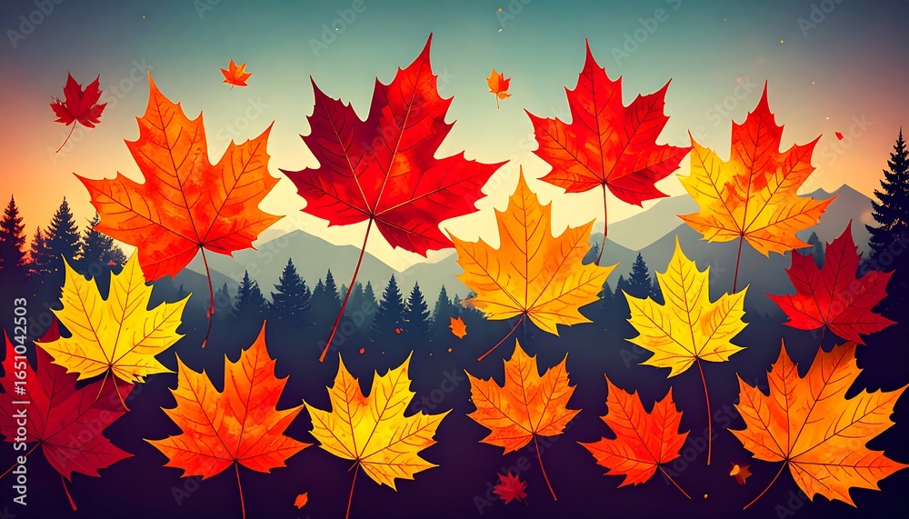 Fototapeta premium Vibrant Autumn Maple Leaves Falling Over Forest Landscape.