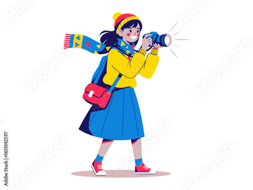 Adventurous Photographer: A young woman captures a vibrant moment with her camera, showcasing her love for photography and exploration.