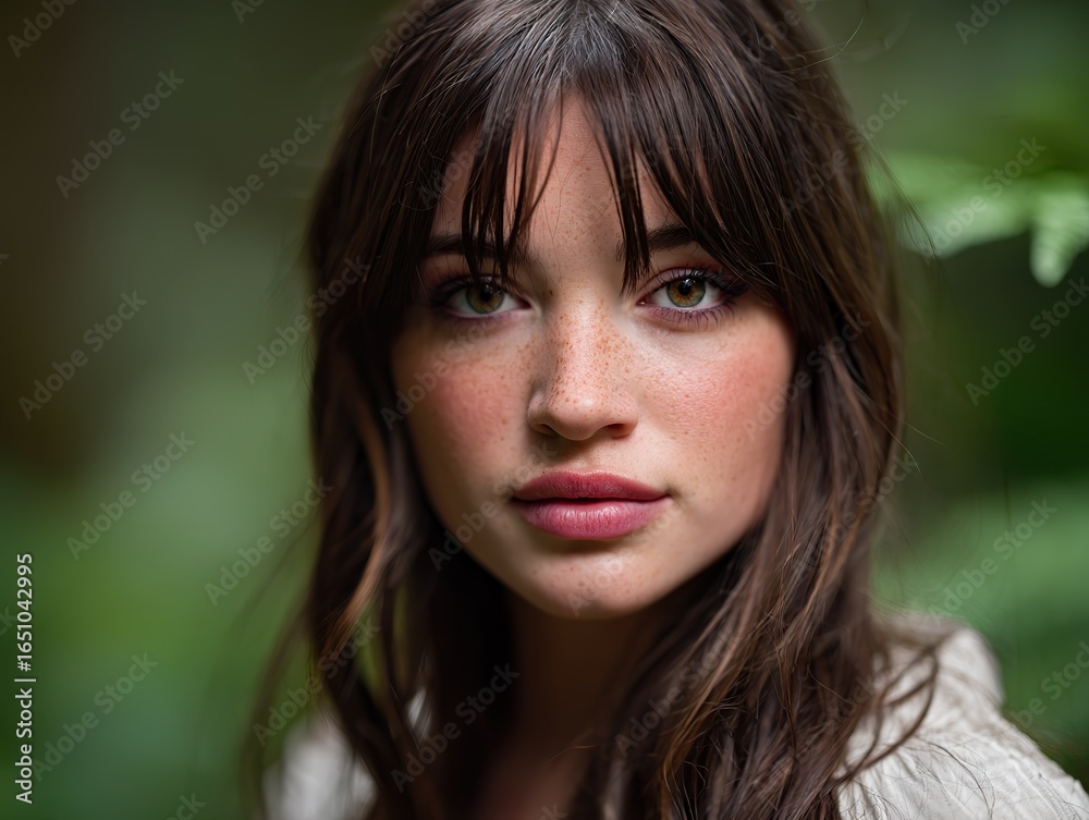Naklejka premium A hyper-realistic portrait of a young teenage girl with long brown hair, bangs, and big eyes, looking directly at the camera in an outdoor setting, capturing her natural expression and features.