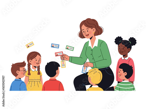 Kindergarten Learning Moments: In a vibrant kindergarten classroom, a dedicated teacher engages a group of attentive students with colorful flashcards.