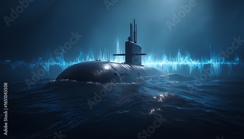 A submarine is sailing through dark waters with a sonar pulse behind it