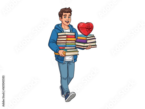 Literary Love: A young man with a smile carries a heart-shaped gift and an armful of cherished books, perfect for a reader’s Valentine's Day.