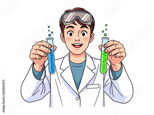 Scientist Experiment: A vibrant illustration of a scientist joyfully holding two test tubes filled with bubbling liquid, embodying the spirit of scientific discovery.