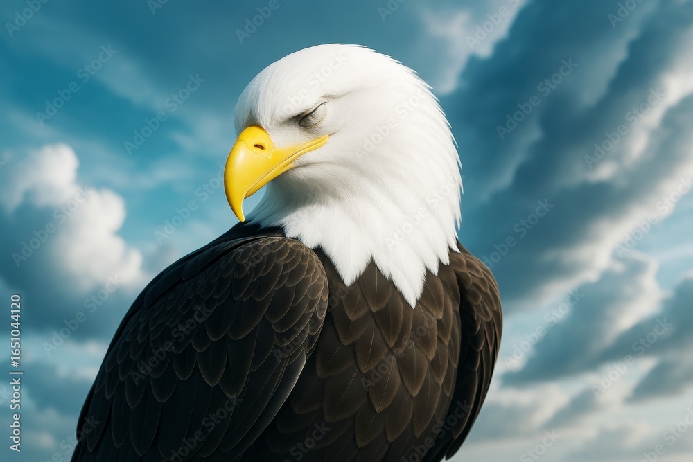 Obraz premium Majestic bald eagle with closed eyes under dramatic cloudy sky, symbolizing peace, strength, and freedom in a serene wildlife concept. Ai generative