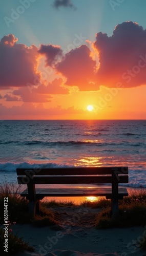 Empty wooden bench overlooks tranquil ocean at sunset , sunset, empty