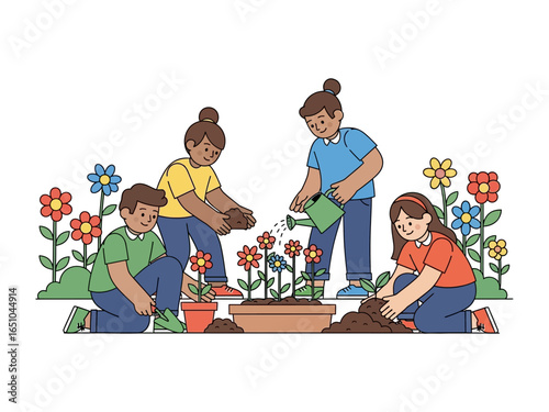 Nurturing Blossoms: A group of young individuals collaboratively engage in a delightful gardening session, cultivating flowers.