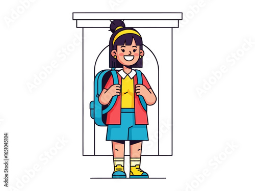 School Ready: A young student stands confidently, adorned with a backpack in front of a classic architecture. This vivid illustration portrays youthful innocence, educational ambition.