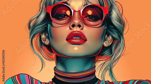Stylized illustration of a woman with light hair, wearing red sunglasses.