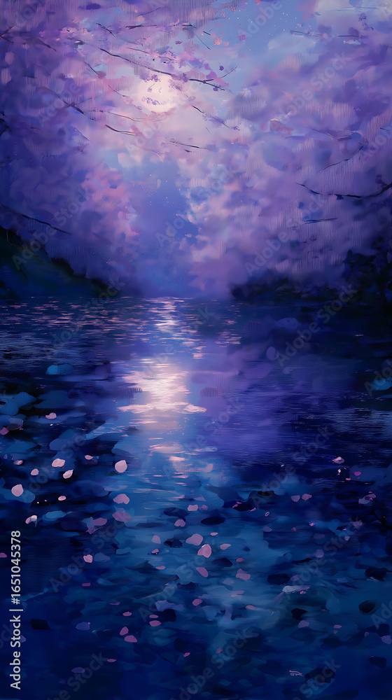 Fototapeta premium Dreamy Abstract Landscape Painting with Purple Hues and Serene Water, Reflecting a Moonlit Night with Vibrant Blues in an Impressionistic Style