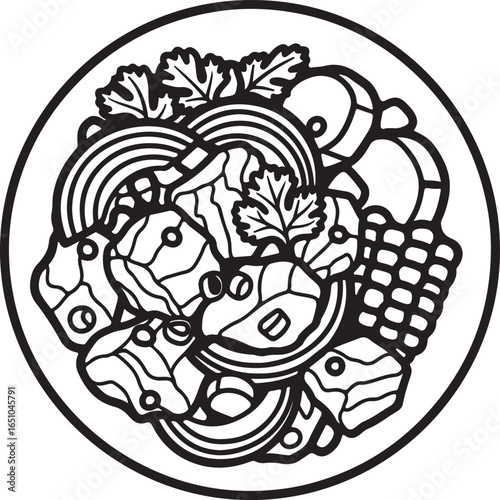 Peru–Ceviche Vector Food Icon: Stylized Dish of Vegetables and Meat, Isolated Background, Black and White Symbol, Circular Sign.