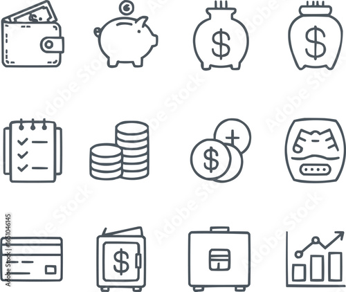 Money Management Outline Icons Set Budgeting, Saving, and Financial Planning