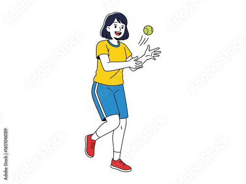 Girl Catching Tennis Ball: A young woman with bobbed hair is absorbed in a game, demonstrating impeccable hand-eye coordination as she focuses on catching the flying tennis ball.
