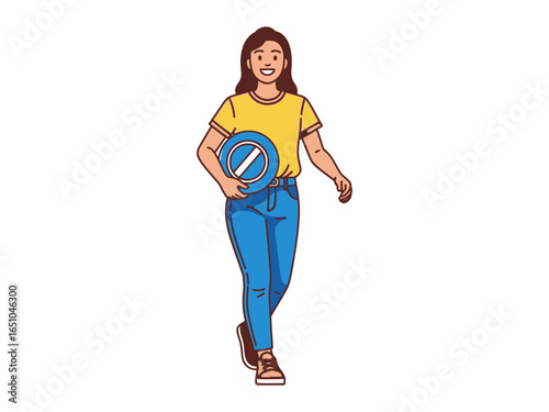 Woman with Traffic Sign: A cheerful lady confidently strides forward while holding a no-entry traffic sign, capturing a sense of both authority and approachability.