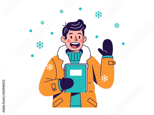 Winter's Embrace: An Illustration of a cheerful individual braving the winter cold, warmly clad, embracing the snowy scene.