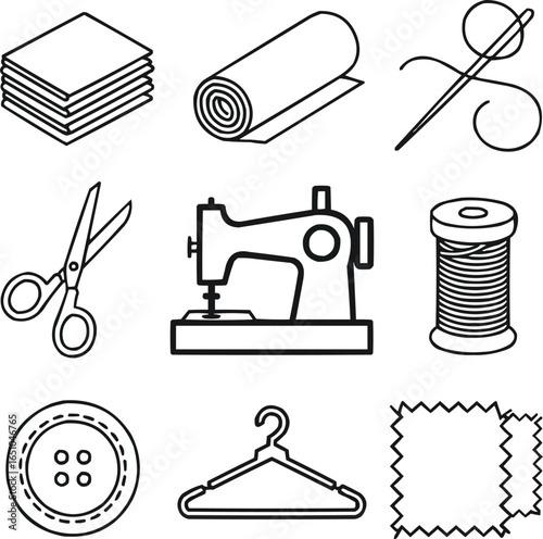 Fabric and Textile Elements Outline Icon Collection Materials, Patterns, and Sewing Tools