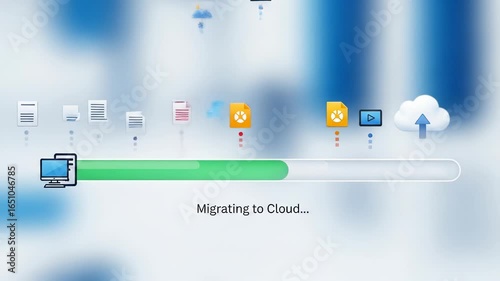 Cloud Computing Migration. Migrating data to cloud computing with progress bar and digital file types illustrates seamless migration process