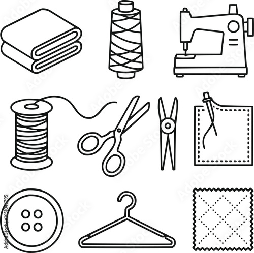 Fabric and Textile Elements Outline Icon Collection Materials, Patterns, and Sewing Tools