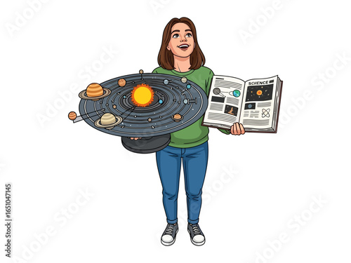 Young Explorer with Solar System Model: A young explorer holds a detailed solar system model, accompanied by an open book, ready to take on a celestial quest to discover the marvels of the universe