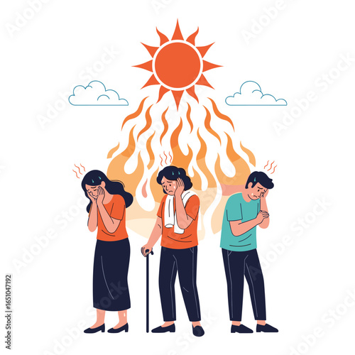 People suffering from extreme heat wave under the scorching sun and rising temperatures