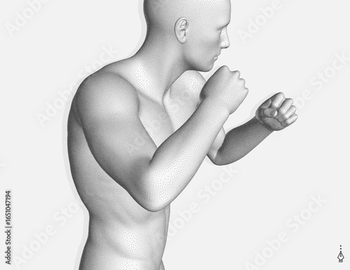 Boxer standing in pose and ready to fight. Sport symbol. Concept of will win or power of spirit. Model of an athlete with stipple effect. 3D vector for design.