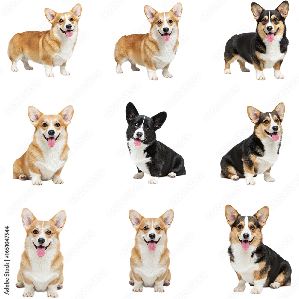Obraz premium Nine pembroke welsh corgi dogs isolated on transparent background