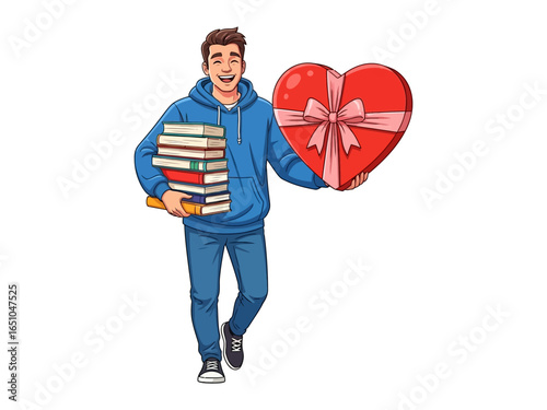 Love and Knowledge: A young man, full of happiness, holds a heart-shaped gift and a stack of books, symbolizing love and knowledge. An illustration of affection and learning, capturing youth.