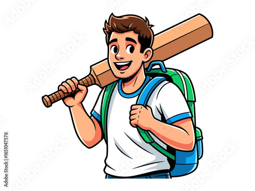 Cricket Enthusiast: A cartoon depiction of a joyful boy, clutching a cricket bat, with a backpack casually slung over his shoulder. He is looking forward to the game.