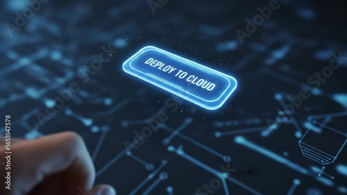 Cloud Computing Migration. Cloud computing migration concept with futuristic interface, digital hand, glowing deploy to cloud button, technology