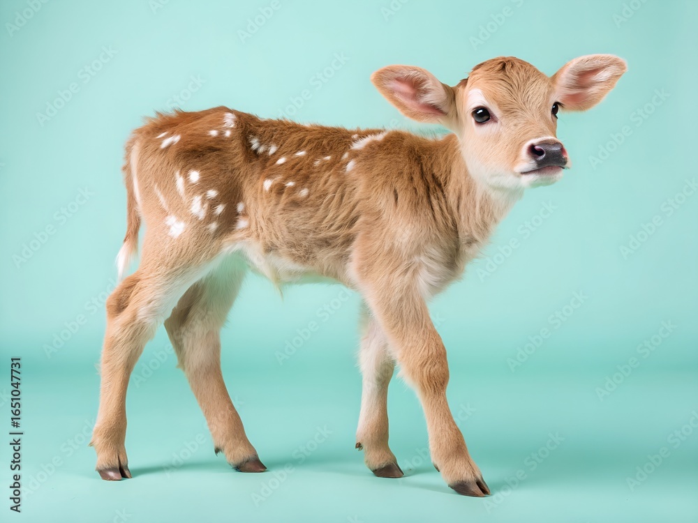 Obraz premium A charming young brown and white spotted calf stands gracefully on a clean light blue studio background, looking attentively forward.