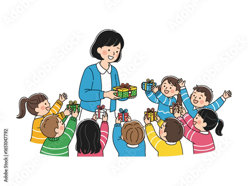 A Special Present: A cheerful group of children gather excitedly around a teacher who is offering them gifts.
