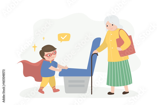 Polite little boy gives up his seat on public transport to an elderly woman. Funny child in superhero costume stands up so that old lady can sit down.