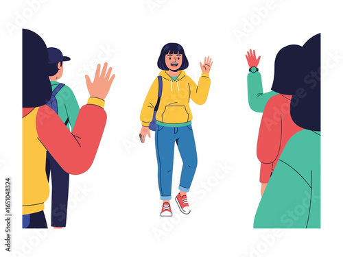 Friendly Greetings: A cheerful illustration capturing the essence of camaraderie and friendly interaction. A person with a bright yellow sweater waves, sharing warm greetings. 